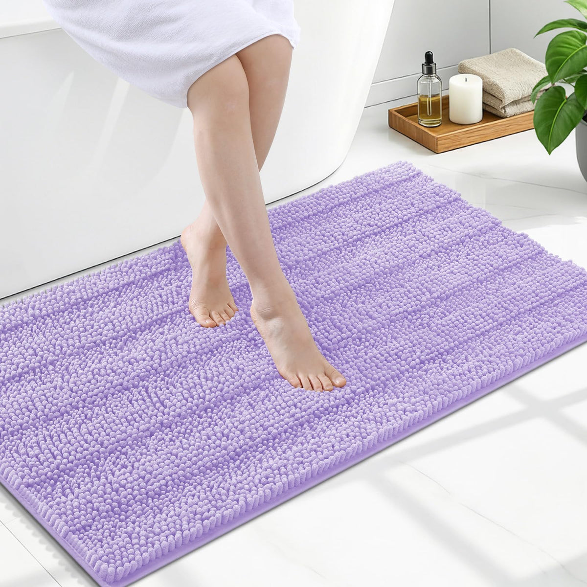 Grandaily Chenille Striped Bathroom Rugs 36x24, Extra Thick and Absorbent Bath Mats, Non-Slip Soft Plush Shaggy Shower Carpet, Machine Wash Dry, Bath Rug for Bathroom, (Large, Light Grey)