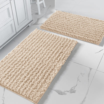 Yimobra Bathroom Rugs Sets 2 Piece - Quick Dry Extra Thick Luxury Chenille Bath Mat, Non Slip Super Absorbent for Tub Shower Sink, Machine Washable Shaggy Floor Mat, 32"x20"+24"x17" Inch, Pale Khaki