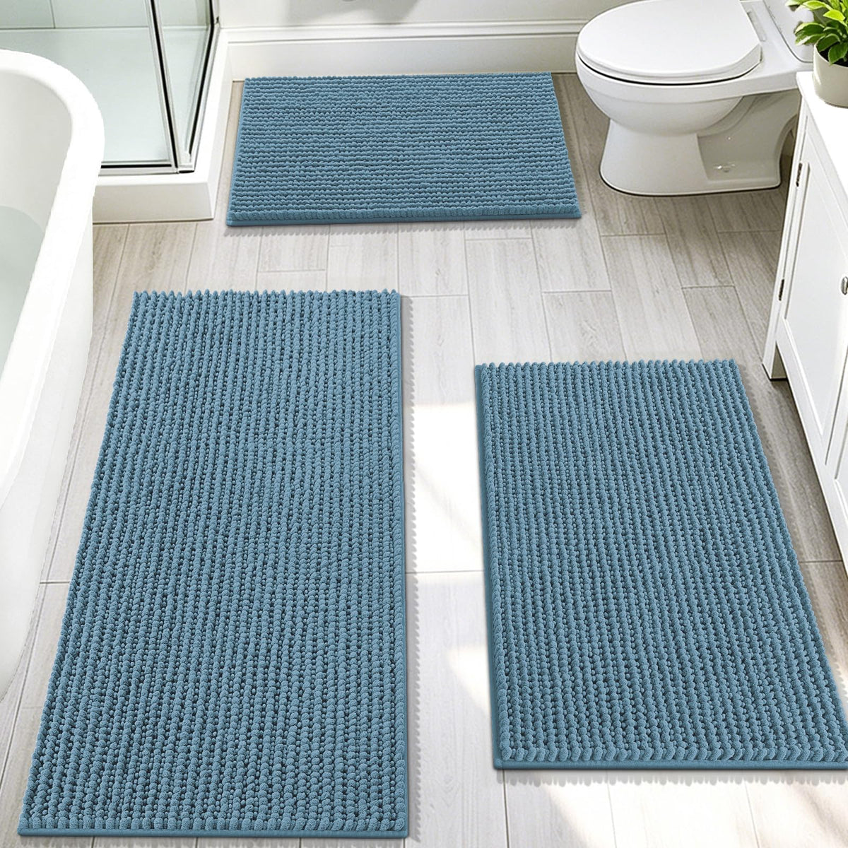 OLANLY Bathroom Rugs Sets 3 Piece, Super Soft Absorbent Chenille Bath Mats and U-Shaped Toilet Rug, Quick Dry, Home Decor, Bath Mat Set for Bathroom (24"x16"+24"x20"+30"x20", Grey)