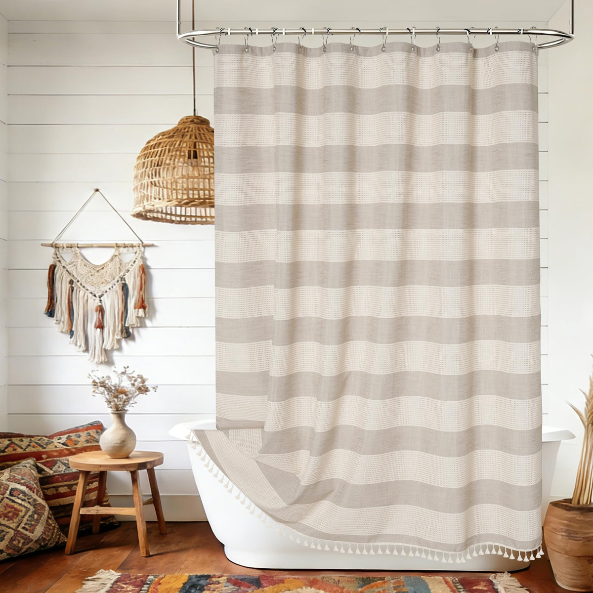 Seenus Linen Look Farmhouse Thick Fabric Shower Curtain Brown, Faux Linen Textured Country Rustic Shower Curtains Water-Resistant, 72 x 72 Inch Tan Taupe Heavyweight Shower Curtain for Bathroom Hotel