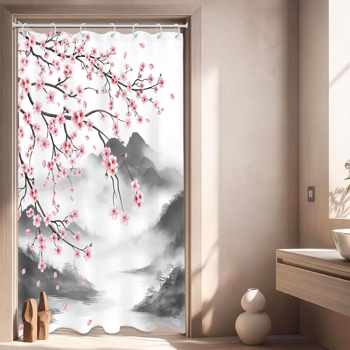 Pink Cherry Blossom Plum Asian Shower Curtain Japanese 60Wx72H Inch Decor