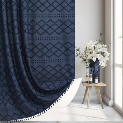 Siiluminisoy Navy Blue Shower Curtain Boho Shower Curtains Fabric, Tufted Chevron Textured Striped Modern Minimalist Cloth Shower Curtain for Bathroom, 72 x 72