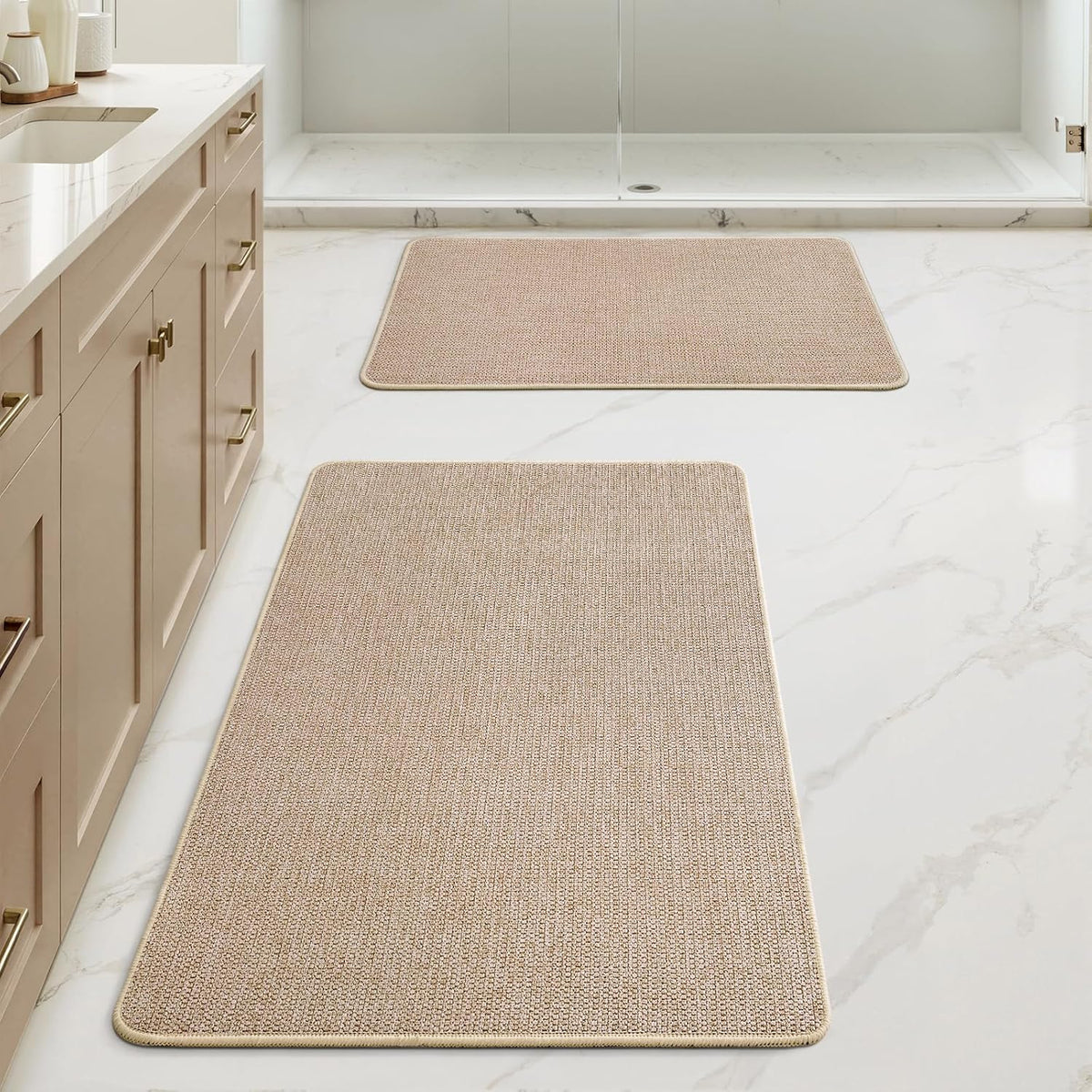 MIULEE Bathroom Rugs Set 2 Pieces, Thin Bath Mats Beige 17"x27"+20"x32"