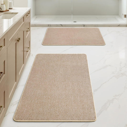 MIULEE Bathroom Rugs Set 2 Pieces, Thin Bath Mats Beige 17"x27"+20"x32"