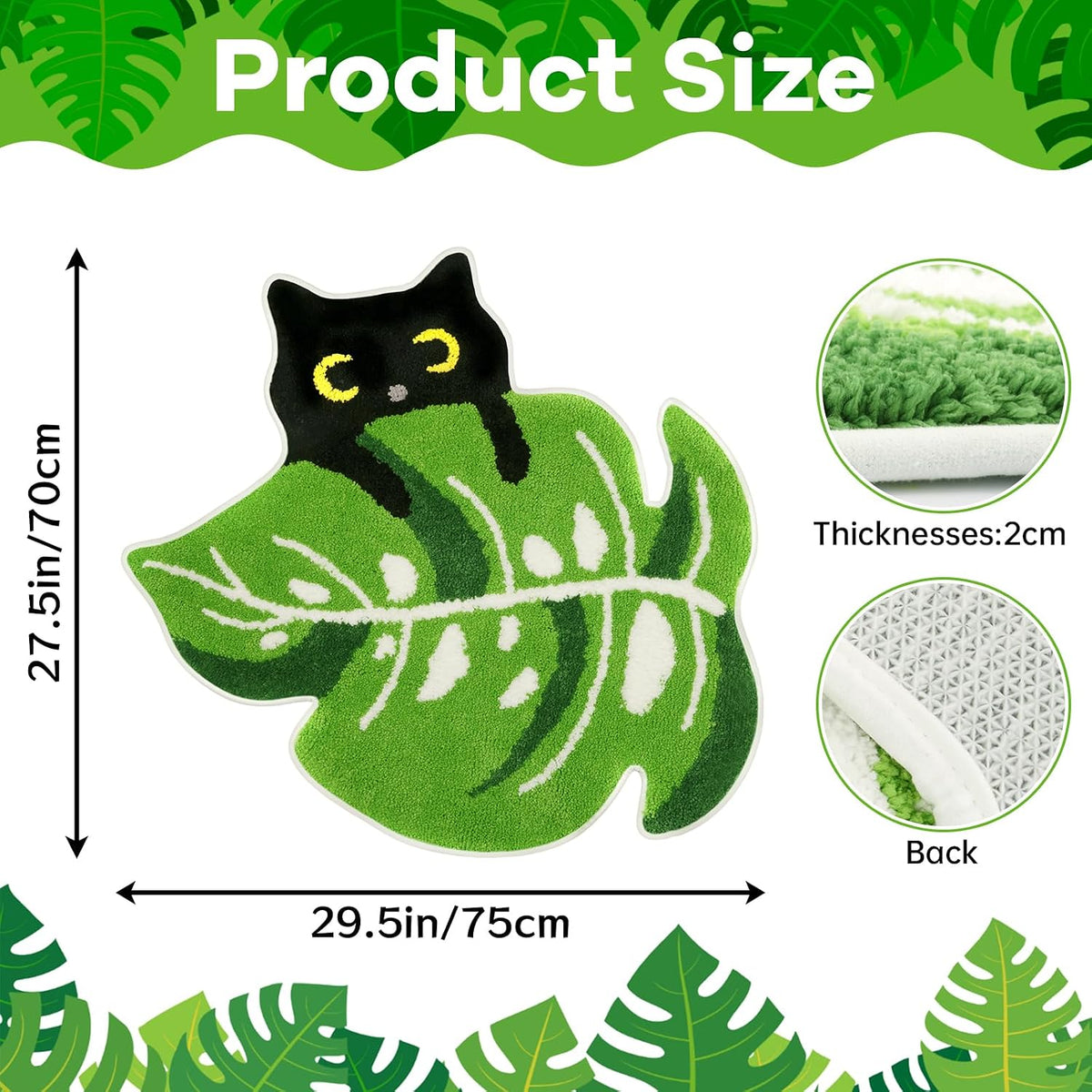 Bathroom Rugs with Green Leaf,Black Cat Monstera Rug