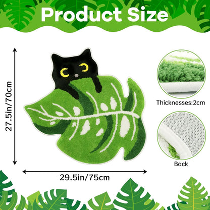 Bathroom Rugs with Green Leaf,Black Cat Monstera Rug