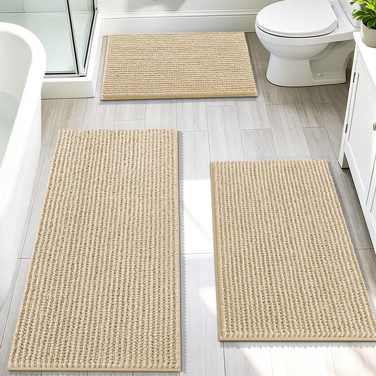 OLANLY Bathroom Rugs Sets 3 Piece, Super Soft Absorbent Chenille Bath Mats and U-Shaped Toilet Rug, Quick Dry, Home Decor, Bath Mat Set for Bathroom (24"x16"+24"x20"+30"x20", Grey)