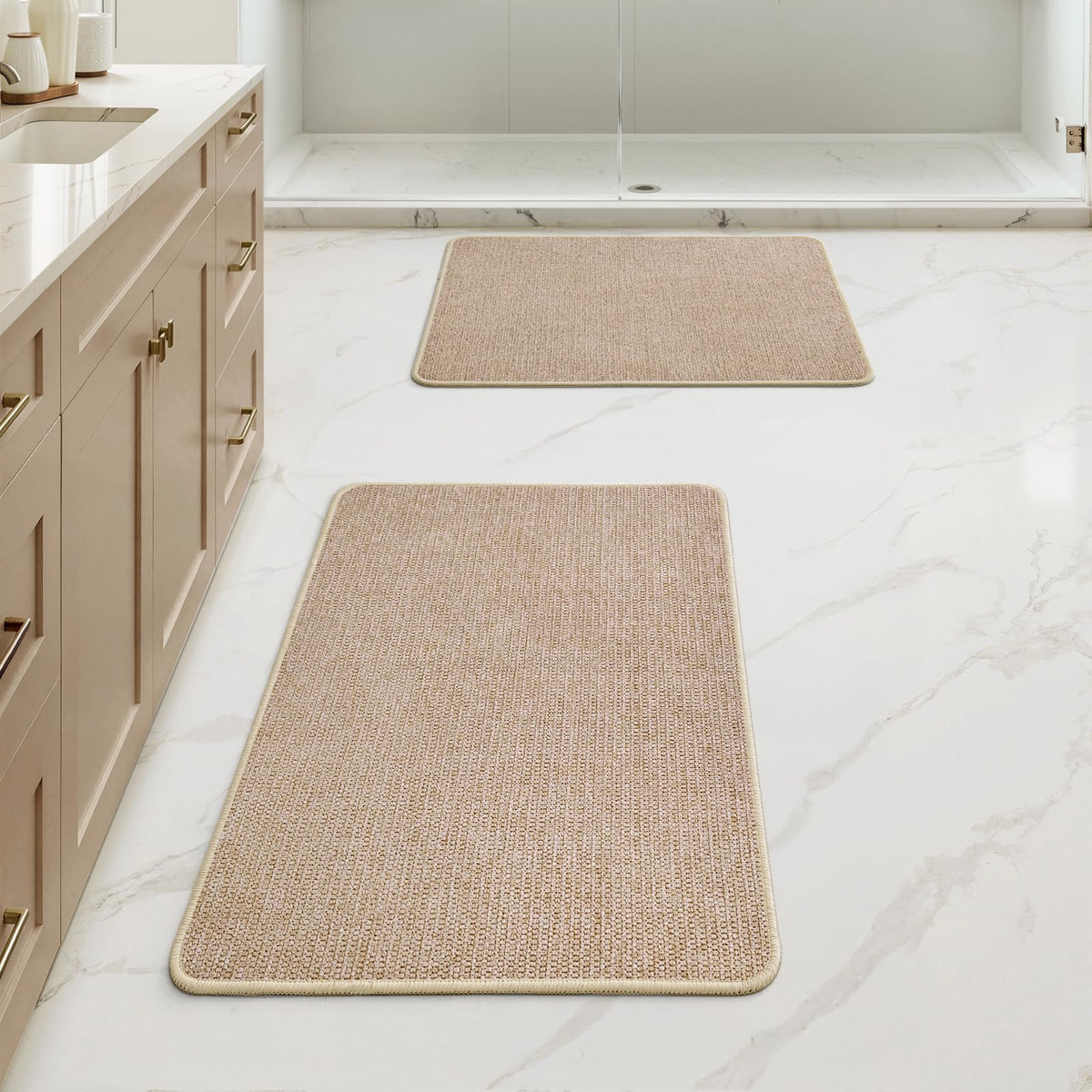 MIULEE Bathroom Rugs Set 2 Pieces, Thin Bath Mats Beige 17"x27"+20"x32"