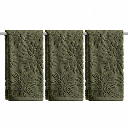 Artoid Mode 2 Pcs Olive Green 3D Dahlia Floral Jacquard Hand Towels for Bathroom, Cotton Soft Absorbent Bathroom Decor Towels, 13.7 x 29.5 Inch