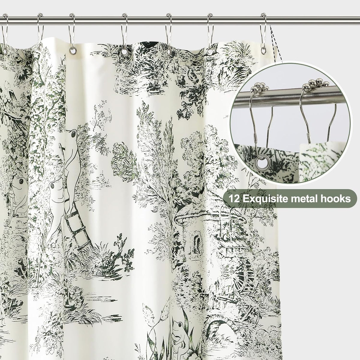 Mindsoft Vintage French Frog Toile Shower, Green, 72x72 Inch