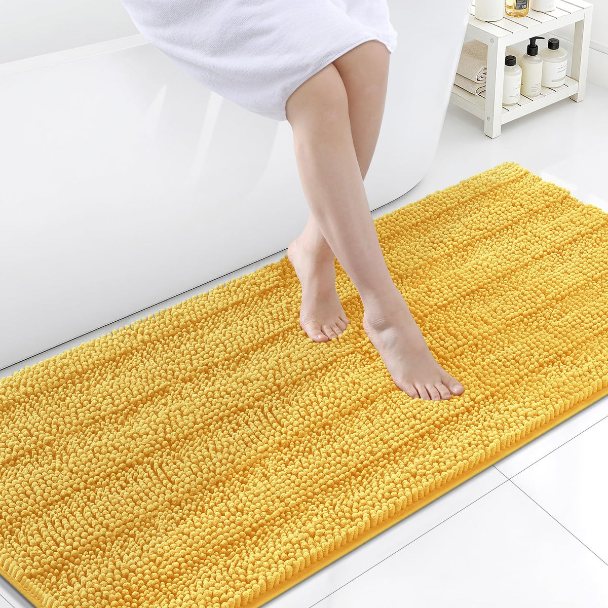 Grandaily Chenille Striped Bathroom Rugs 36x24, Extra Thick and Absorbent Bath Mats, Non-Slip Soft Plush Shaggy Shower Carpet, Machine Wash Dry, Bath Rug for Bathroom, (Large, Light Grey)