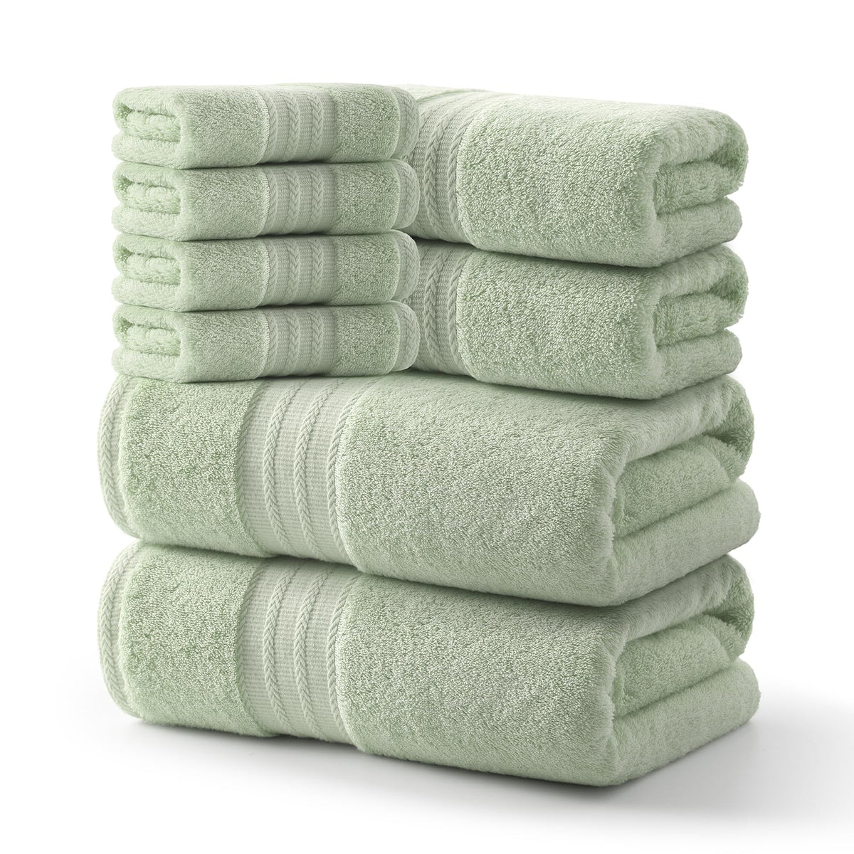 REDKISS Green Towel Set of 8-100% Cotton Luxury Bath Towels Set for Bathroom, 600 GSM Highly Absorbent Bathroom Towel with 2 Large Bath Sheet, 2 Hand, 4 Washcloths, Green Shower Towels for Dorm