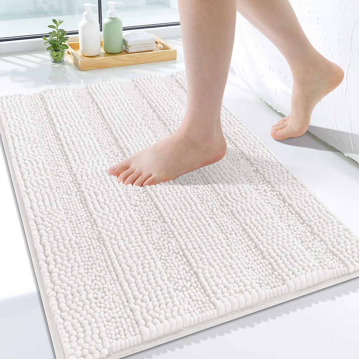 Grandaily Chenille Striped Bathroom Rugs 36x24, Extra Thick and Absorbent Bath Mats, Non-Slip Soft Plush Shaggy Shower Carpet, Machine Wash Dry, Bath Rug for Bathroom, (Large, Light Grey)