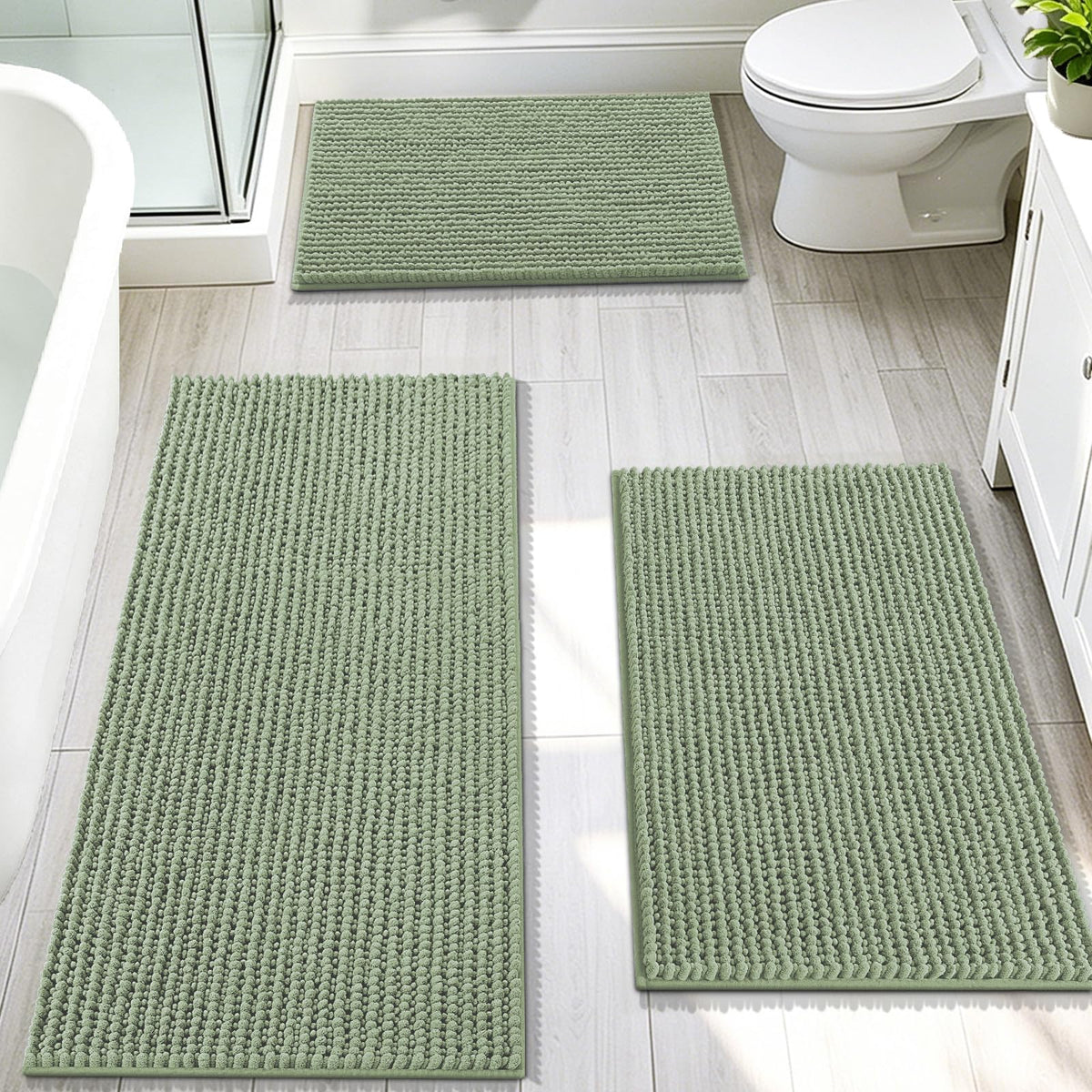 OLANLY Bathroom Rugs Sets 3 Piece, Super Soft Absorbent Chenille Bath Mats and U-Shaped Toilet Rug, Quick Dry, Home Decor, Bath Mat Set for Bathroom (24"x16"+24"x20"+30"x20", Grey)