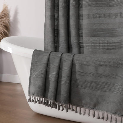 OVZME Sage Green Shower Curtain for Bathroom, Boho Linen Textured Shower Curtain with Tassel, Rustic Striped Heavy Duty Vintage Country Bathroom Curtain, 72Wx72L Inches