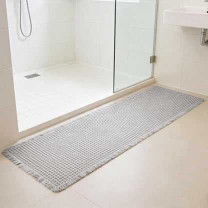 Waffle Bath Mat Non Slip, Boho Bathroom Rug, White/Taupe, 16"x24"