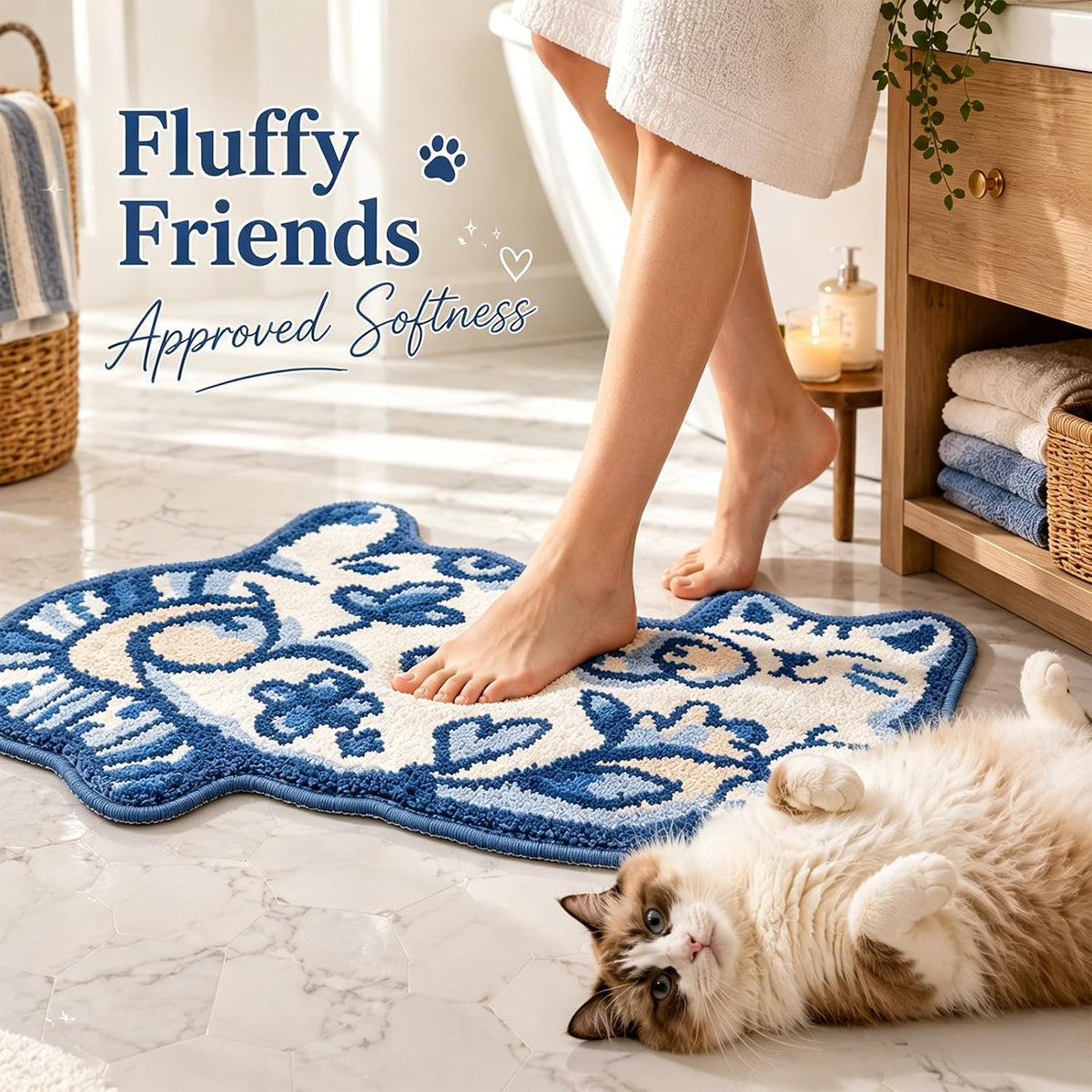 Cute Cat Bath Mat, Unique Blue Small Fun Bathroom Rug
