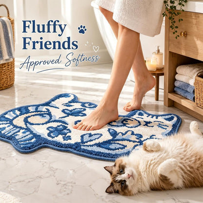 Cute Cat Bath Mat, Unique Blue Small Fun Bathroom Rug