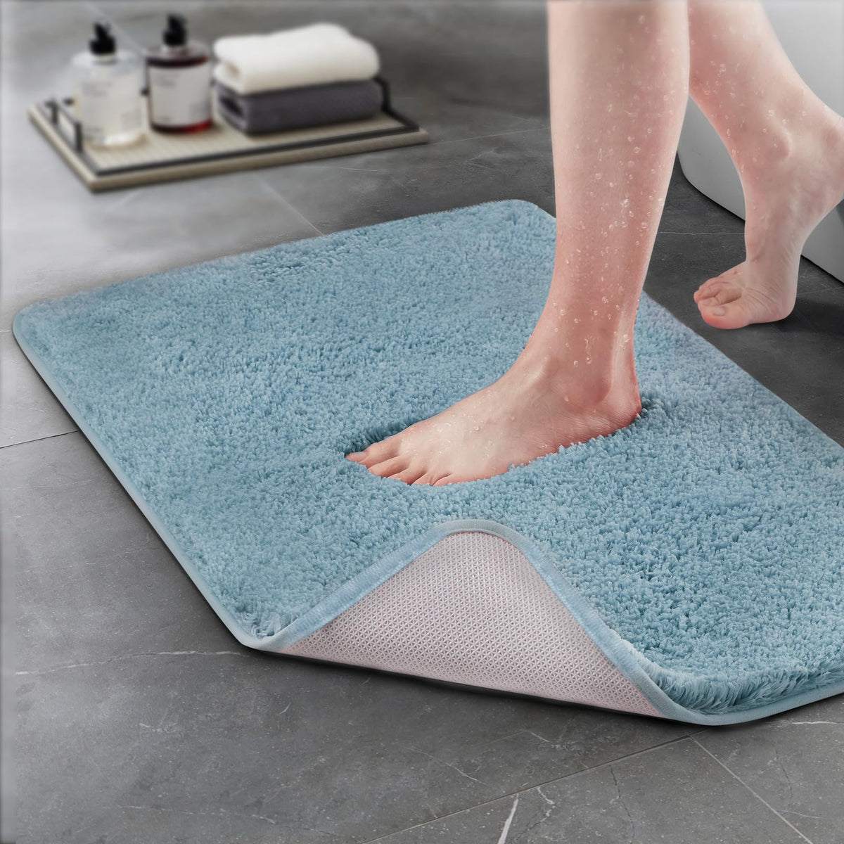 TECHMILLY Shaggy Bathroom Rugs Thick Non Slip Microfiber Mat Green 17"x24"