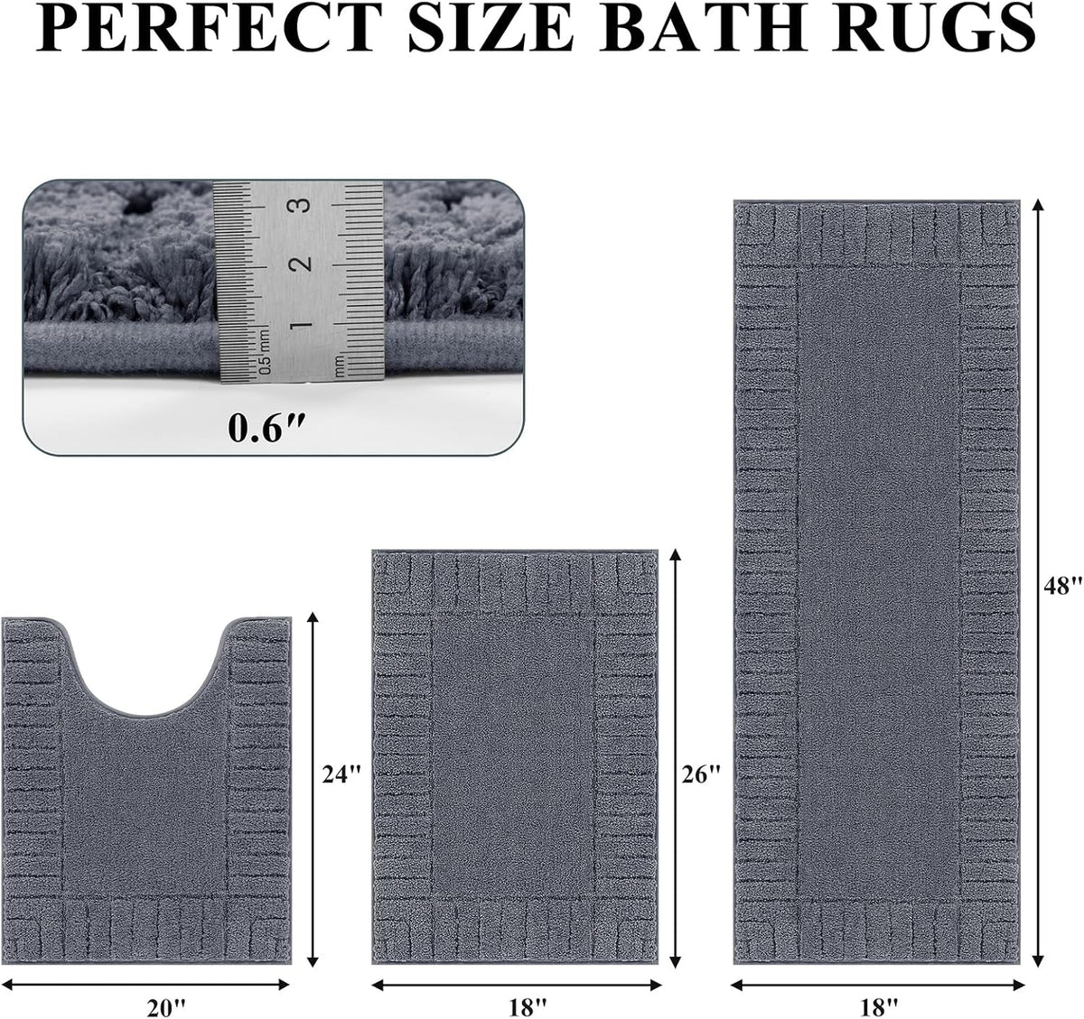 Pauwer Bathroom Rugs Sets 3 Piece, Microfiber Bath Mat Set, Dark Grey