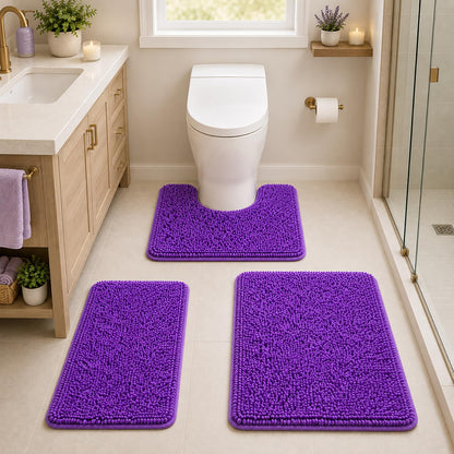 Bathroom Rugs Set Non Slip 3 Piece Bath Mat Washable Chenille Bath Rugs with PVC Backing Bath Carpet,Absorbent Bathroom Mats with Toilet Rug,Bath Mats for Bathroom,Bedroom, Kitchen,Tub,Home Decor