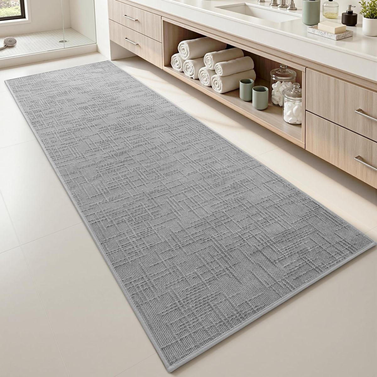 AMOAMI Bath Mat Non Slip Super Absorbent Quick Dry Bath Mats for Bathroom Floor Rubber Backing Washable Bathroom Rugs Modern Woven Jacquard Mat, Beside Tub Bath Rugs, 17" x 24", Brown