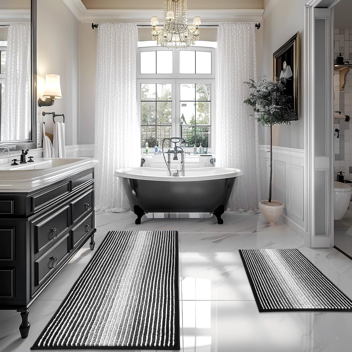 BSICPRO Bathroom Rugs Sets 2 Piece, Non Slip Striped Bath Mats, Fog Blue