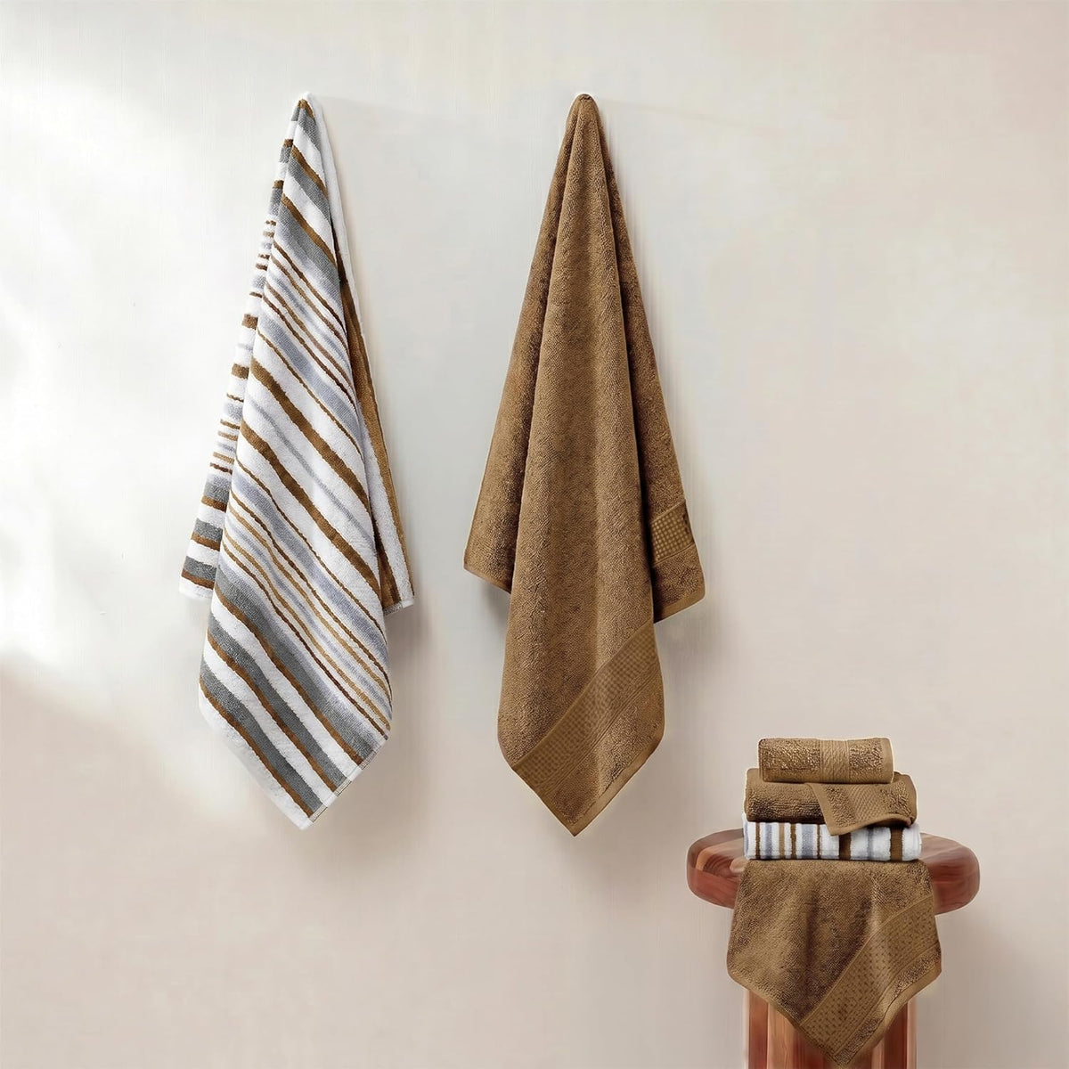 Modern Threads 6 Piece Bath Towel Set – Bathroom Towel Set with 2 Bath Towels, 2 Hand Towels & 2 Washcloths – 100% Cotton, Soft & Absorbent – Wide Stripe (Gold)