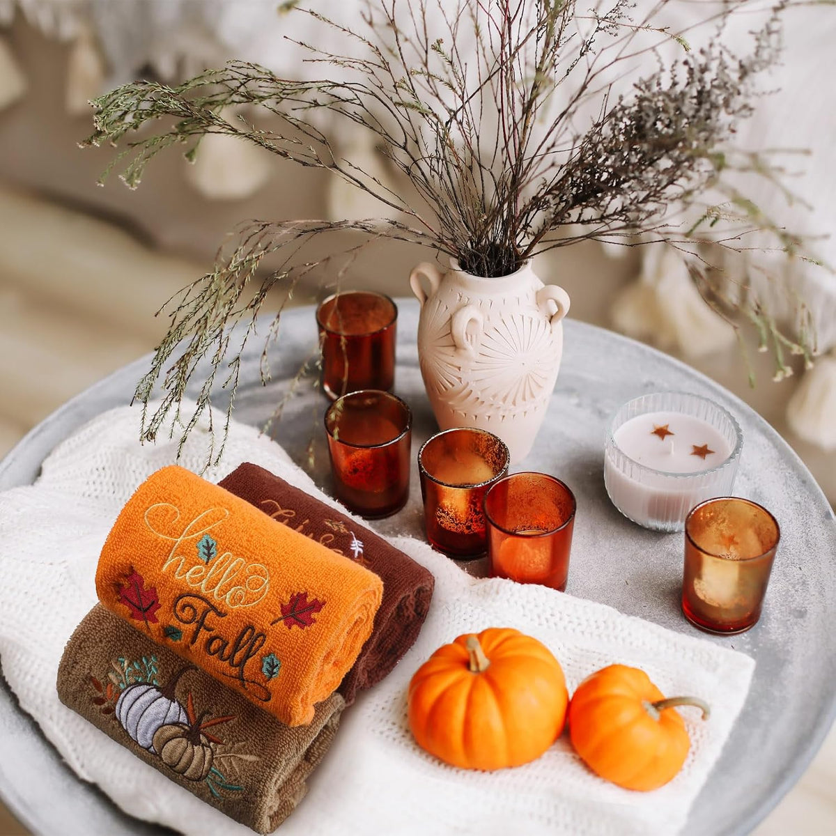 Fanfanwin 3 Pcs Fall Hand Towels for Bathroom 13.8 x 29.5 Inch Autumn Decorative Bath Towels Sets 100% Cotton Embroidered Pumpkin Maple Thanksgiving Bathroom Decor(Orange and Brown,Pumpkin)