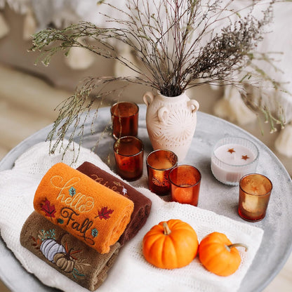 Fanfanwin 3 Pcs Fall Hand Towels for Bathroom 13.8 x 29.5 Inch Autumn Decorative Bath Towels Sets 100% Cotton Embroidered Pumpkin Maple Thanksgiving Bathroom Decor(Orange and Brown,Pumpkin)