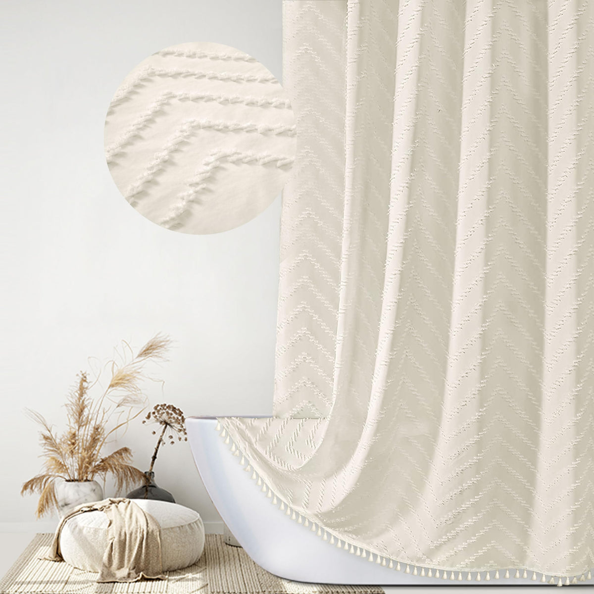 Siiluminisoy White Shower Curtain Fabric Boho Shower Curtain Cloth Textured Tufted Chevron Elegant Shower Curtains Waterproof for Bathroom 72" x 72"