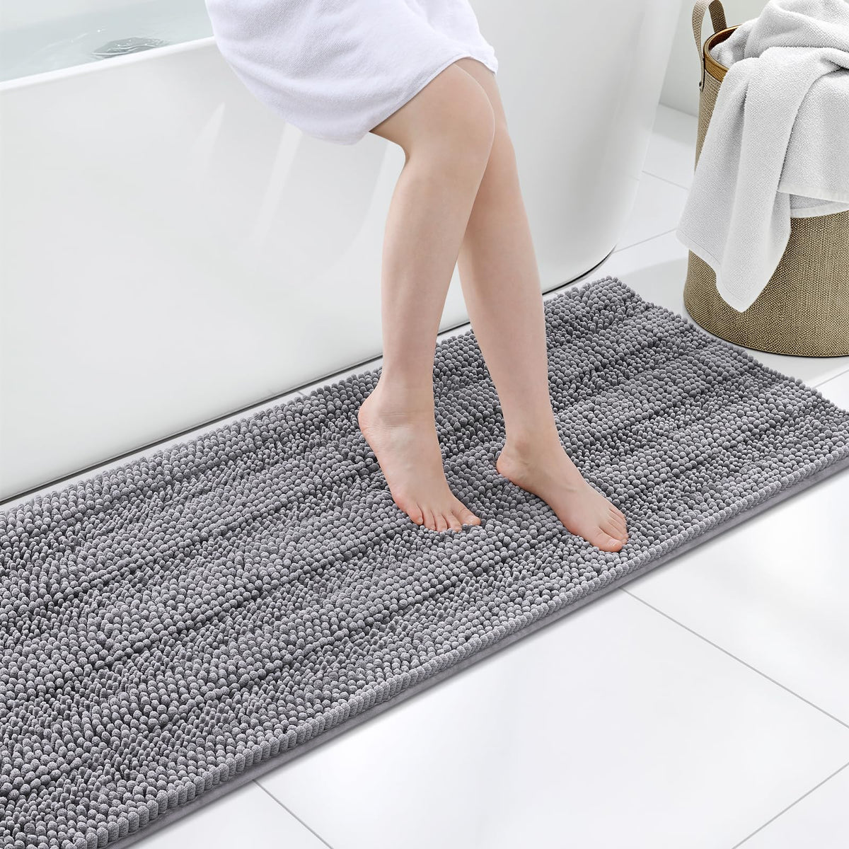 Grandaily Chenille Striped Bathroom Rugs 36x24, Extra Thick and Absorbent Bath Mats, Non-Slip Soft Plush Shaggy Shower Carpet, Machine Wash Dry, Bath Rug for Bathroom, (Large, Light Grey)