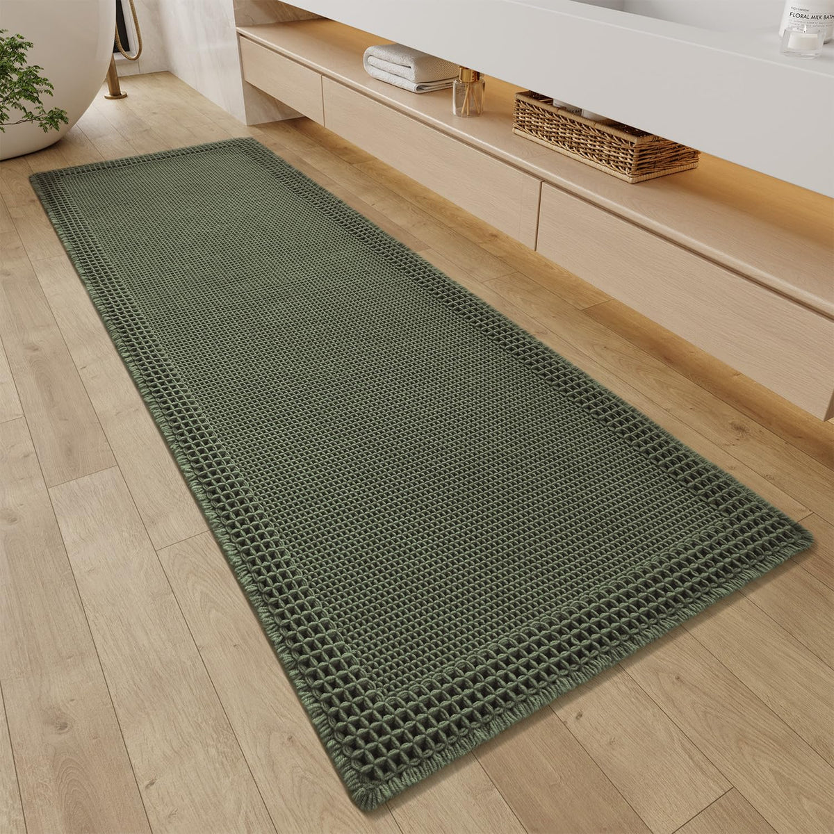 RESARE Waffle Bathroom Runner Rugs, Non Slip Boho Bath Mat 24"x72" Brown
