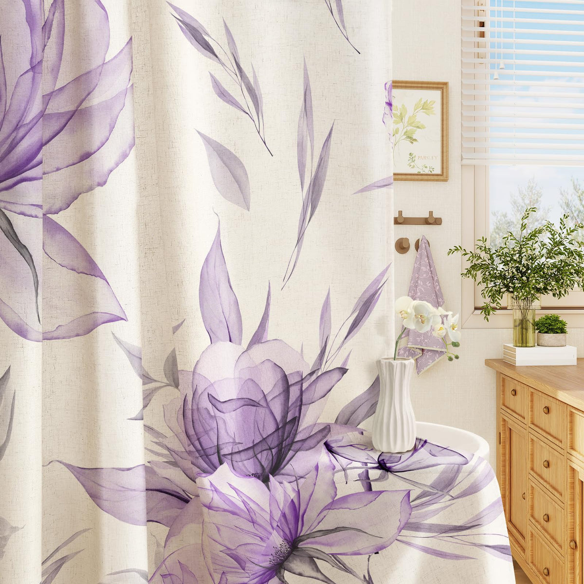 Blue Boho Floral Shower Curtain, Watercolor Botanical Design, 72 x 72