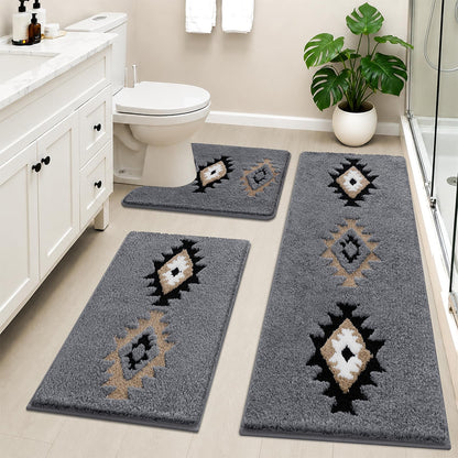 HEBE Boho Bathroom Rugs Set 3 Piece, Non Slip Washable Bath Mat Set