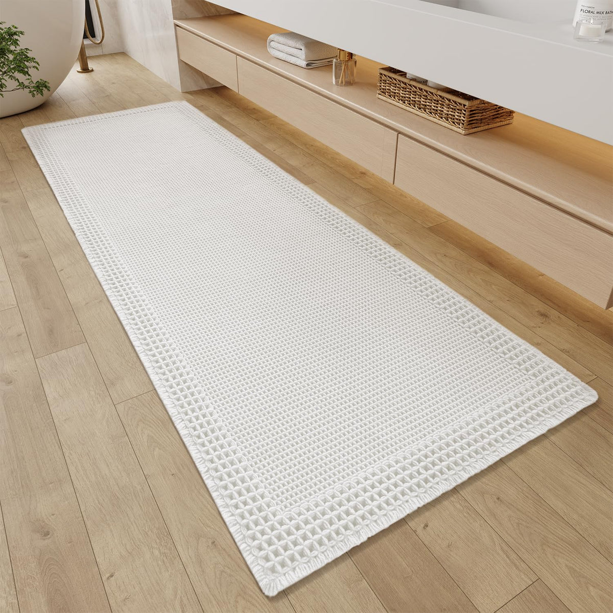 RESARE Waffle Bathroom Runner Rugs, Non Slip Boho Bath Mat 24"x72" Brown