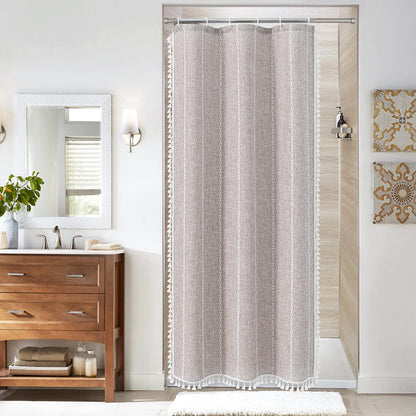 Boho Farmhouse Tassel Linen Shower Curtain,3D Embroidery Stripe Black,72x72
