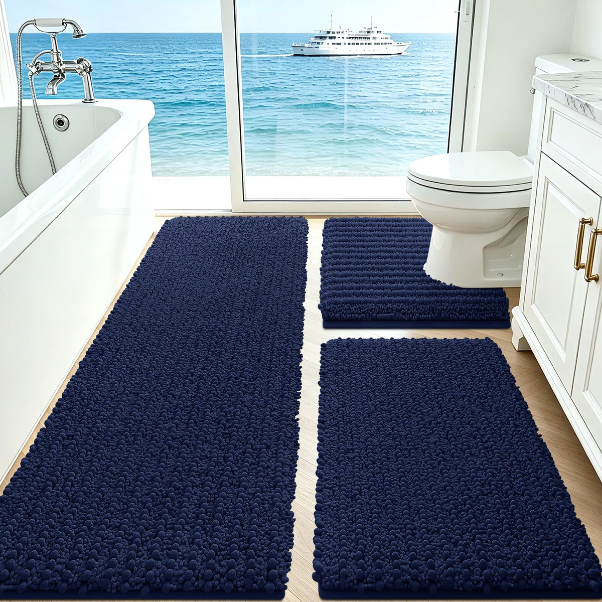 ACCUMTEK Upgrade Extra Large Black Bathroom Rug Set 3 Pieces Ultra Soft, Thick Absorbent Bath Mats, Non Slip Chenille Toilet Mat for Bathroom, Bedroom, Kitchen