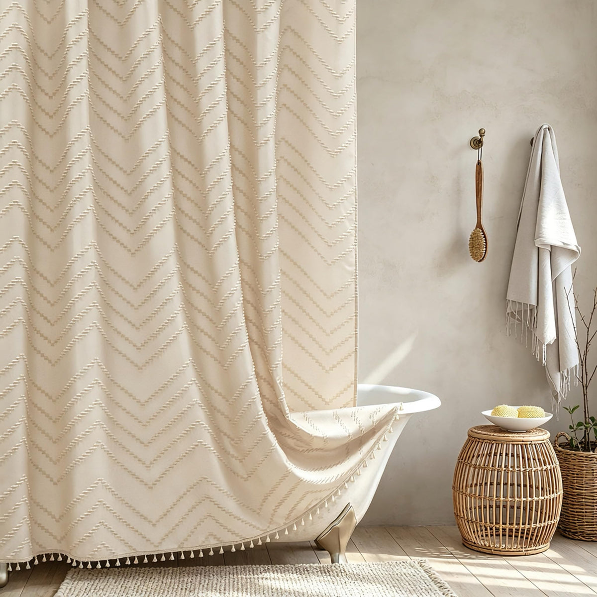Siiluminisoy White Shower Curtain Fabric Boho Shower Curtain Cloth Textured Tufted Chevron Elegant Shower Curtains Waterproof for Bathroom 72" x 72"