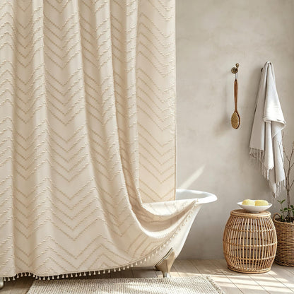 Siiluminisoy White Shower Curtain Fabric Boho Shower Curtain Cloth Textured Tufted Chevron Elegant Shower Curtains Waterproof for Bathroom 72" x 72"
