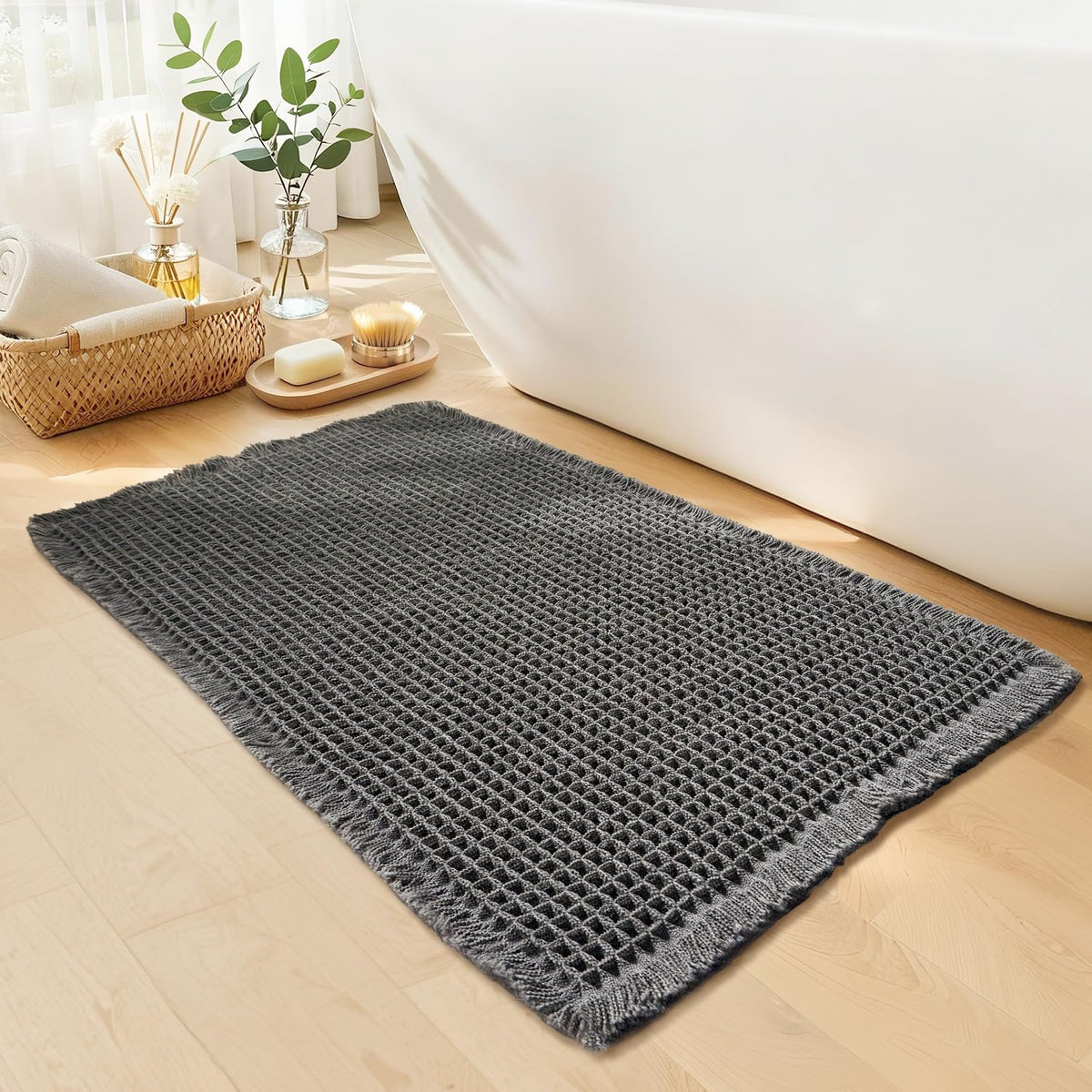 Waffle Bath Mat, Boho Bathroom Rugs Non Slip Washable, 18" x 30"