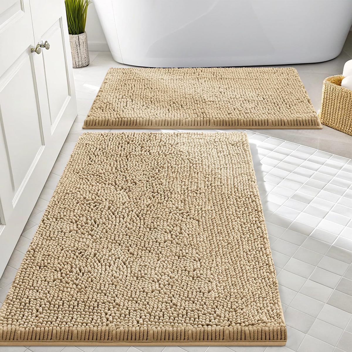 Smiry Chenille Bathroom Rugs Sets 2 Piece (30x20+24x16, Black)