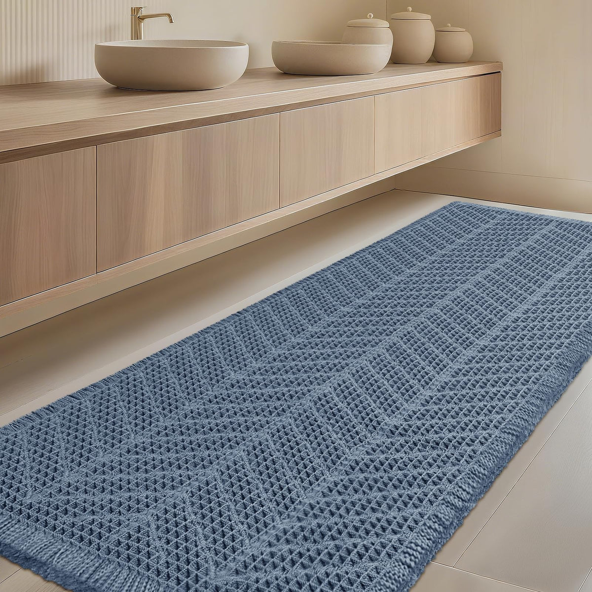 Upgrade Waffle Bath Mat Set 2 Piece, Boho Bathroom Rugs Absorbent Non Slip, Ultra Soft Bathroom Mat, Machine Washable Knit Bath Rugs with Herringbones for Bathroom, Bedroom, Kitchen, Shower, White
