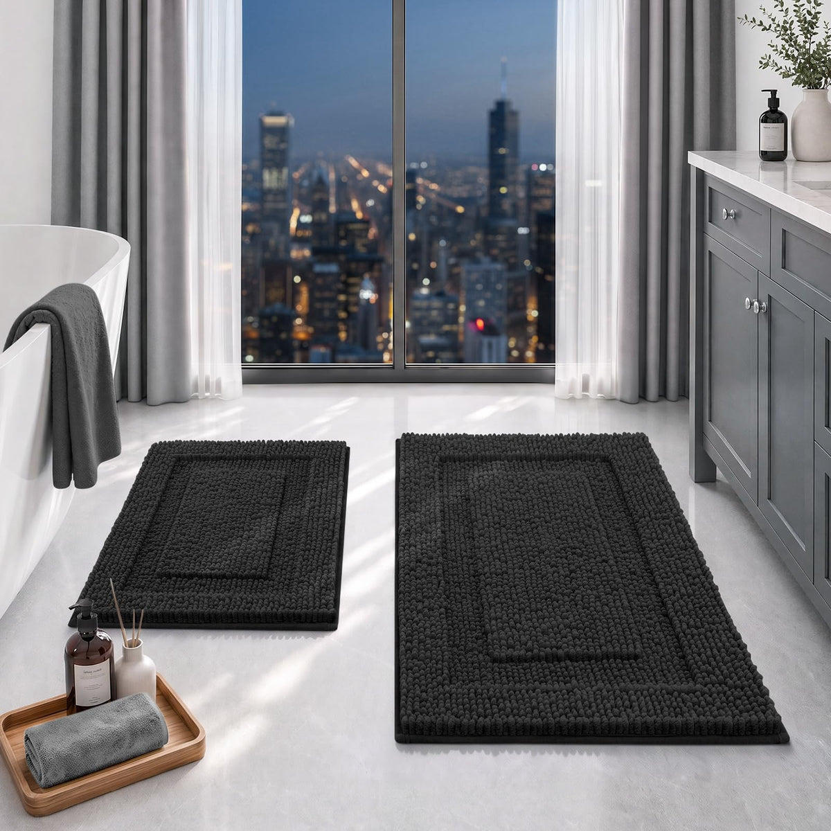 HOMEIDEAS Chenille Purple Bathroom Rugs Sets 2 Piece 17" x 24" + 20" x 32"