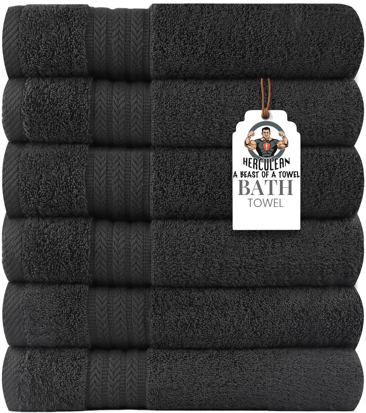 HERCULEAN Premium Bath Towels 24 x 48 Pack of 6 | Quick Dry and Highly Absorbent | 100% Cotton Terry Towels for Bathroom - Perfect for Shower - Pool and Spa - Luxury Soft Towels - Charcoal Grey