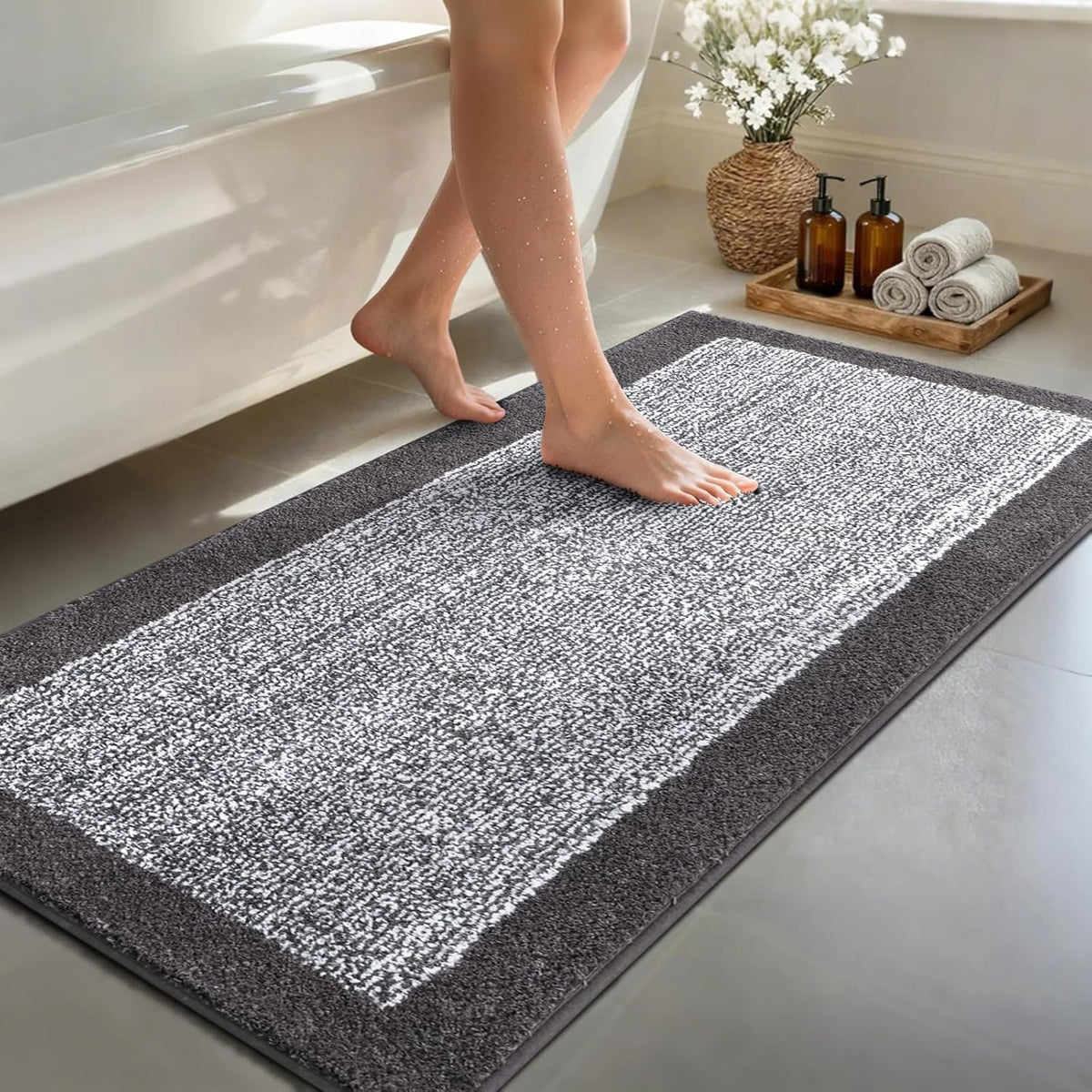 Long 2x4 Ft (48''x24'') Bathroom Rugs, Non Slip Washable Bath Mat Grey