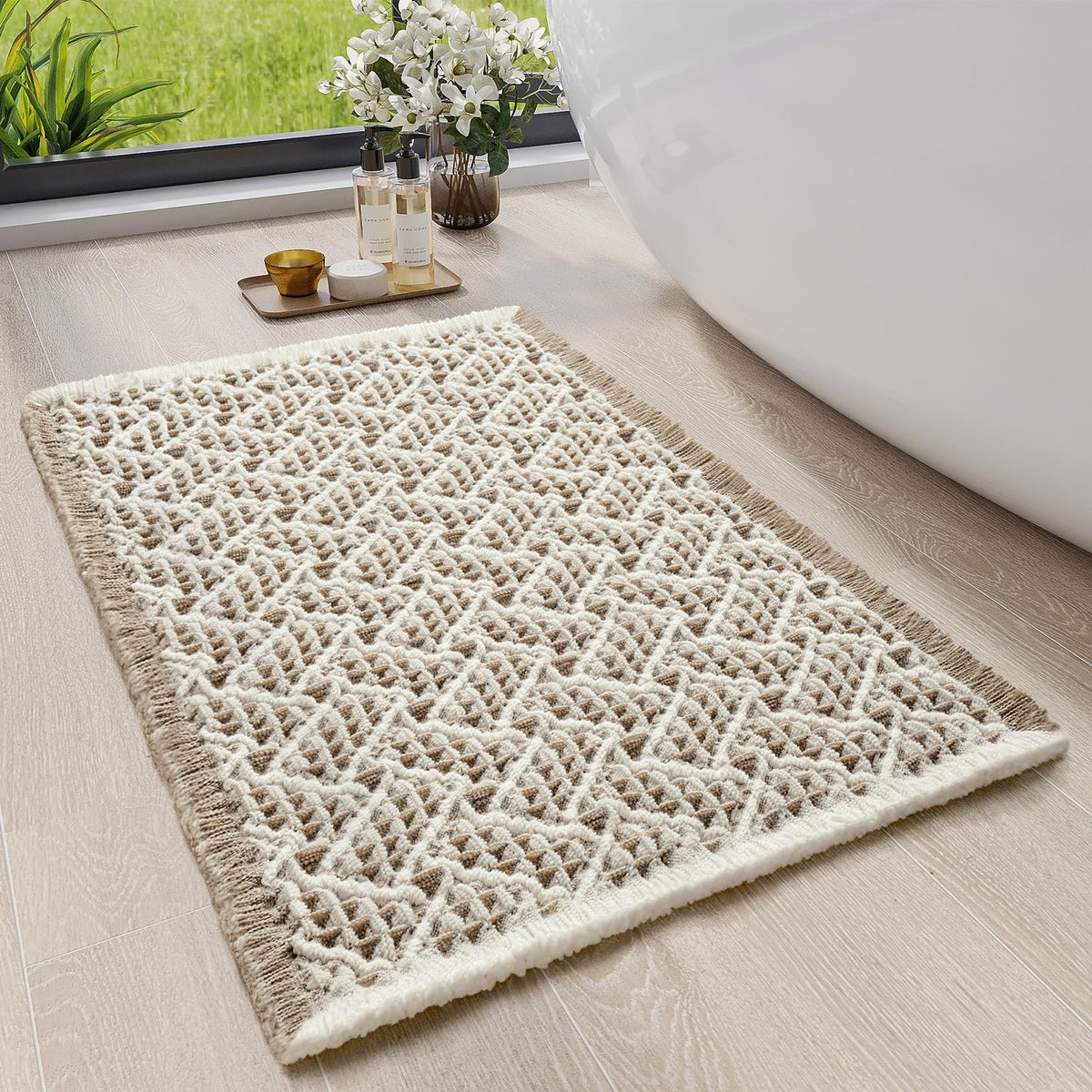 Waffle Bath Mat, Extra Soft Boho Bathroom Rugs, 16x24 Brown