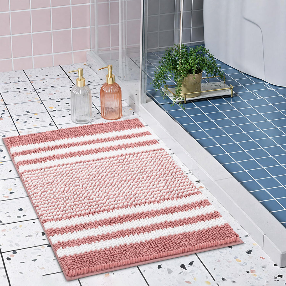 BSICPRO Bathroom Rugs Sets 2 Piece, Non Slip Striped Bath Mats, Fog Blue