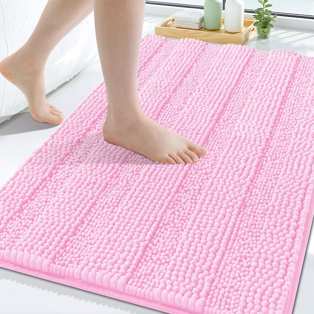 Grandaily Chenille Striped Bathroom Rugs 36x24, Extra Thick and Absorbent Bath Mats, Non-Slip Soft Plush Shaggy Shower Carpet, Machine Wash Dry, Bath Rug for Bathroom, (Large, Light Grey)