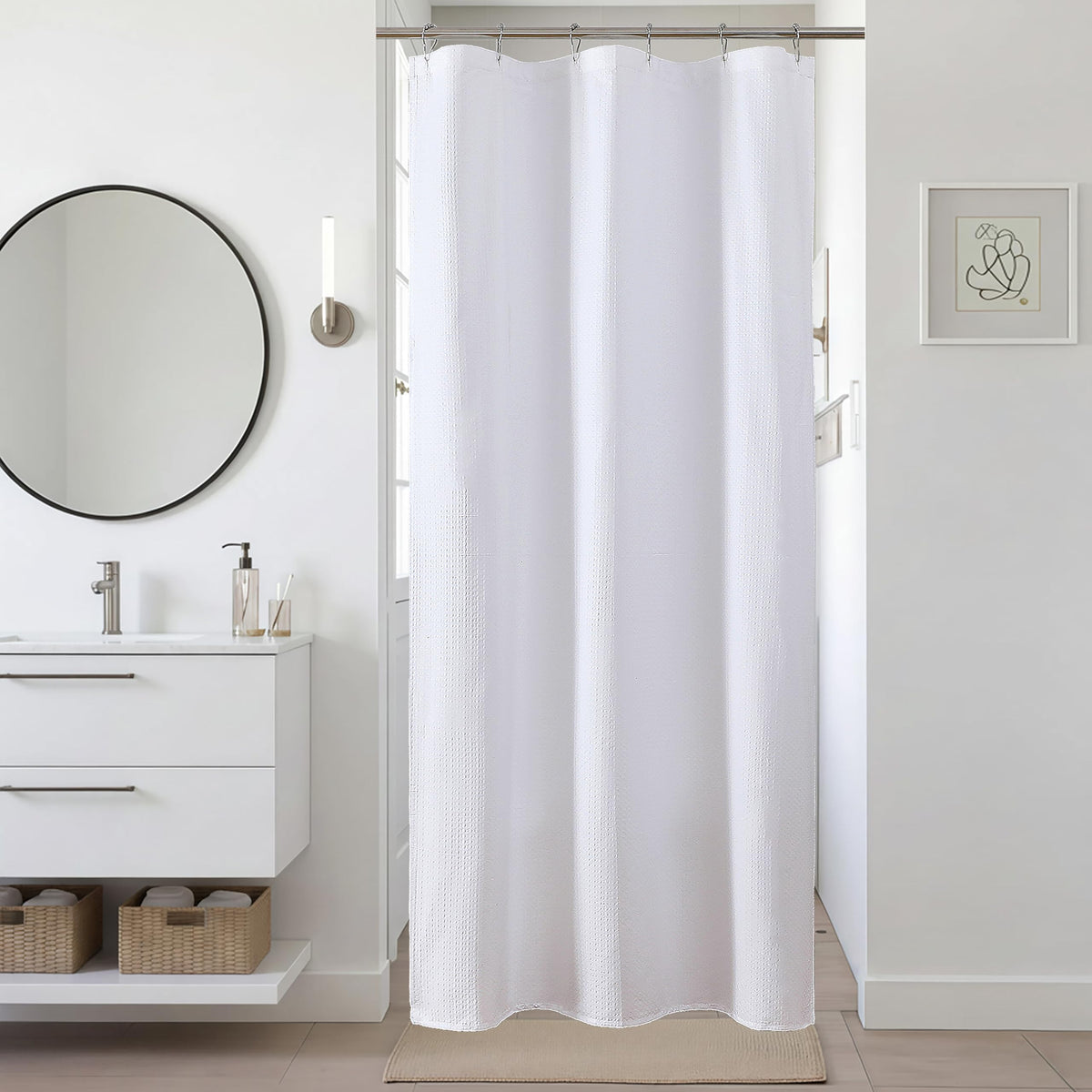 Pink Shower Curtain 72 Inch Length 1 Piece, Waffle Embossed Textured Soft Fabric Hotel Shower Curtain for Bathroom, Modern Polyester Water Repellent Machine Washable Bath Decor, 72Wx72L Inches